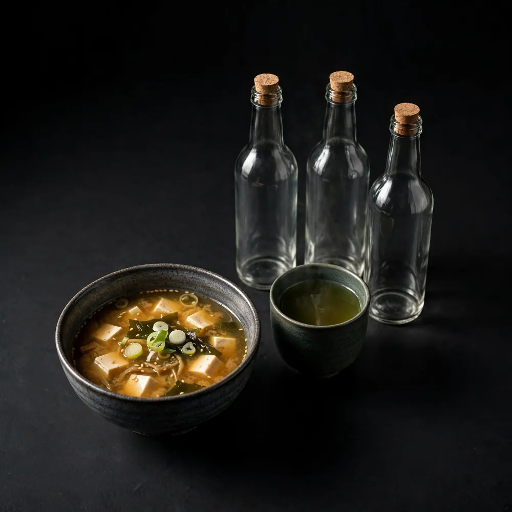 Miso soup, tea and bottles