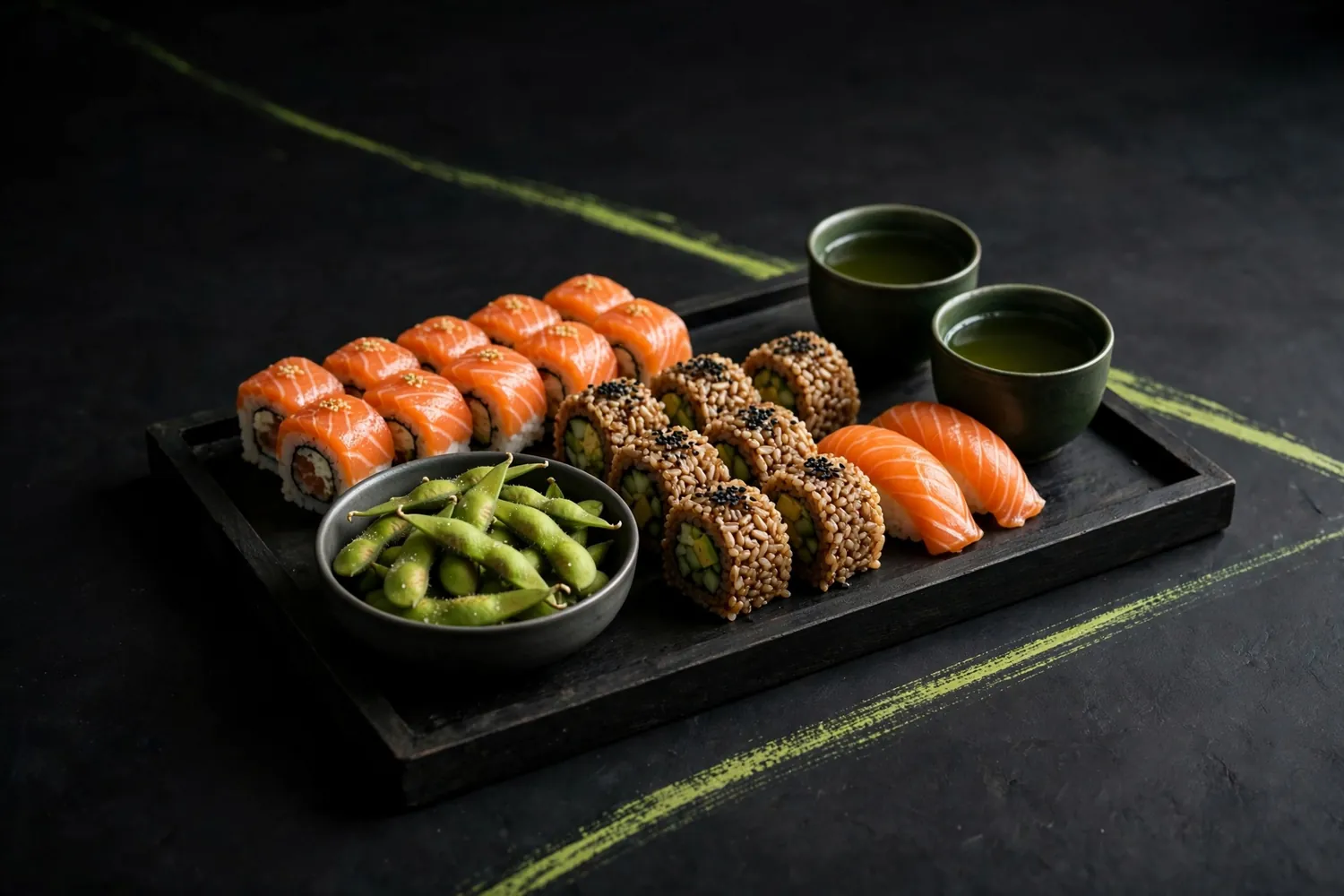 A sushi meal for two on a dark tray