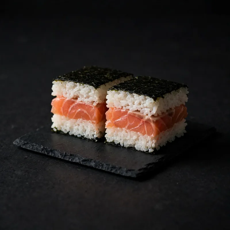 A salmon sushi sandwich