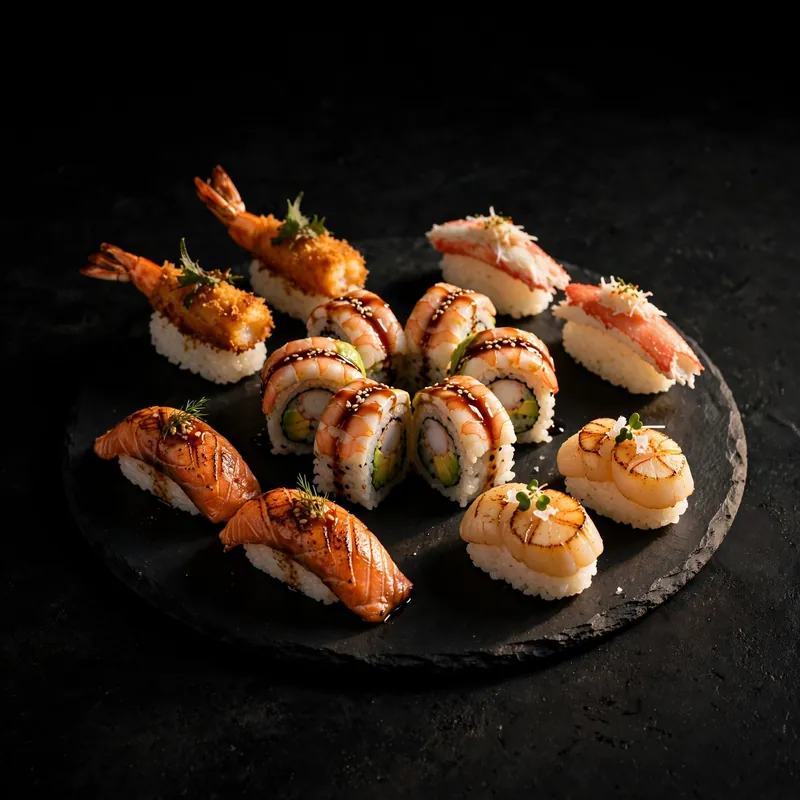 A platter of grilled seafood nigiri