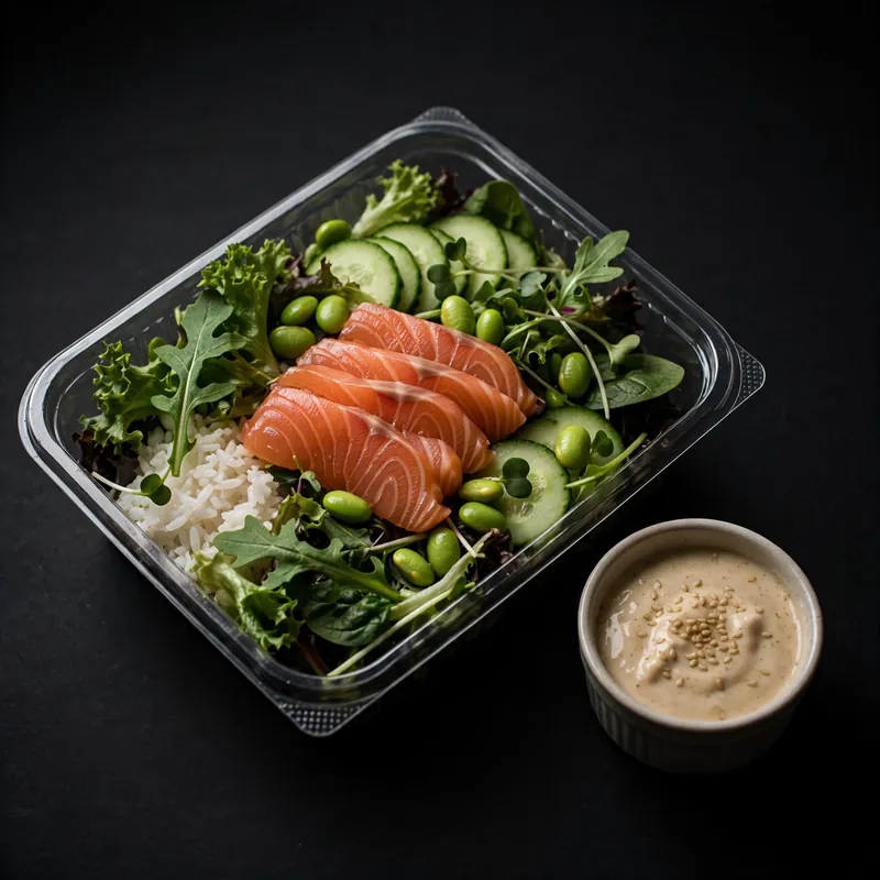 A sushi salad box with a dressing pot
