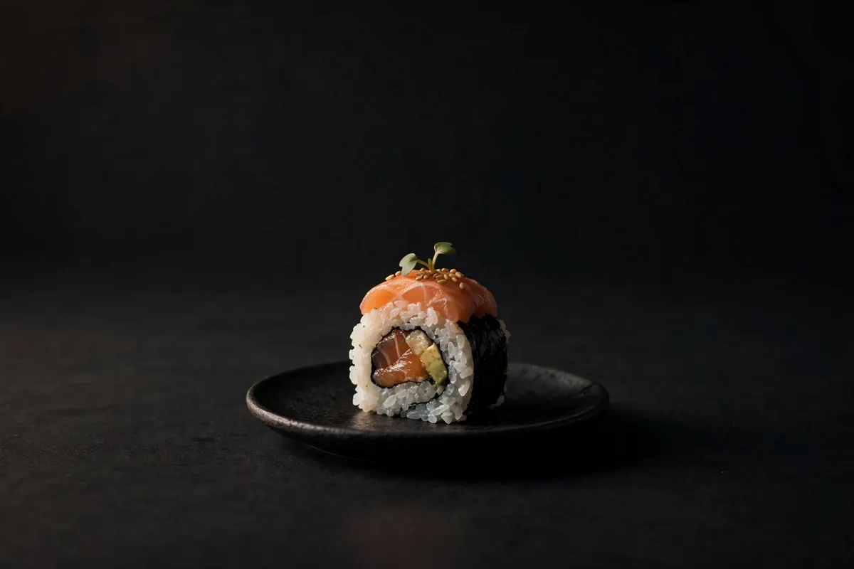 A single maki piece on a dark plate