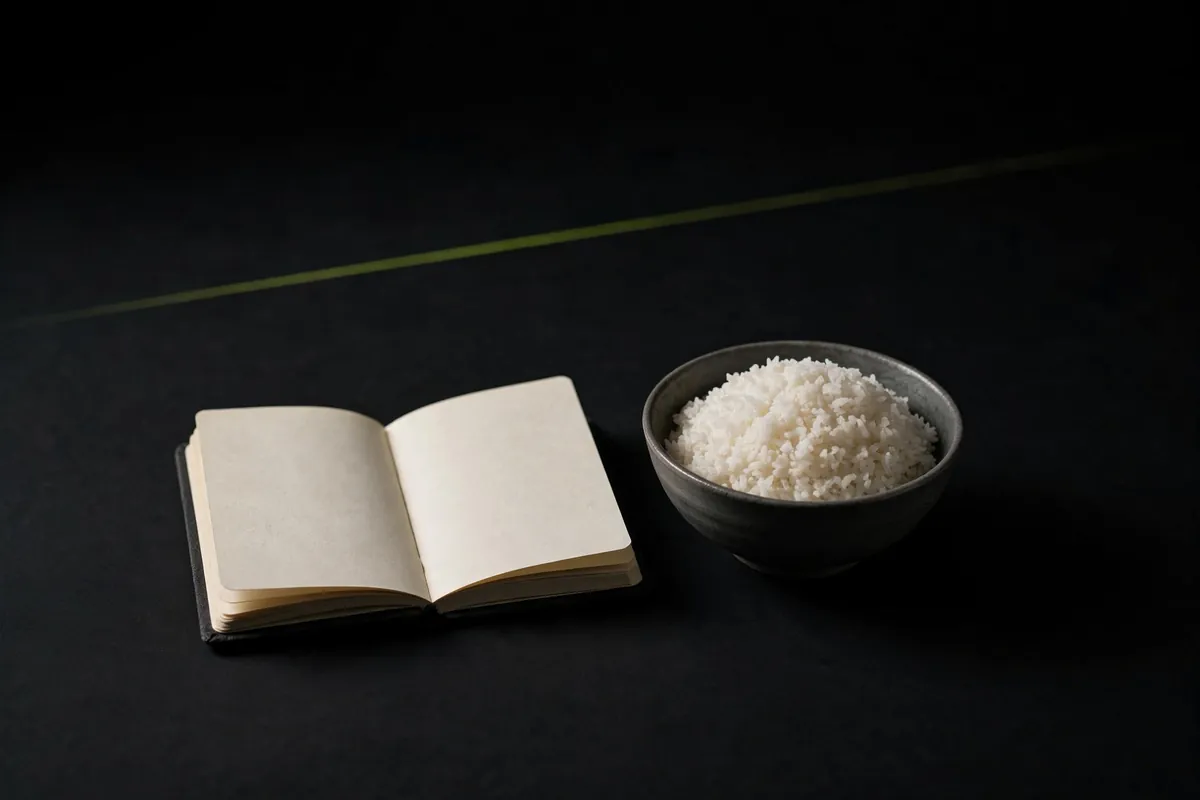 An open notebook beside a bowl of rice