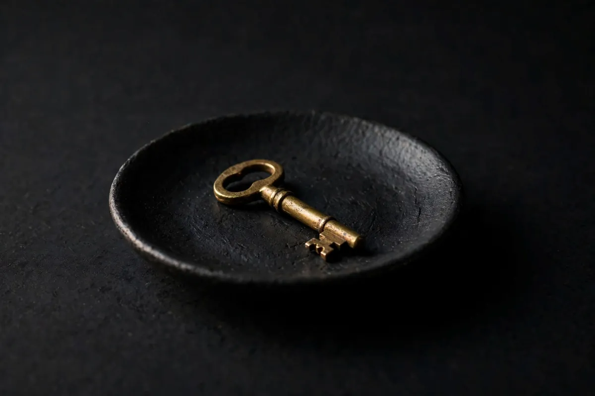 A brass key in a dark dish