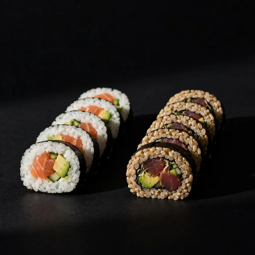 A white rice roll beside a brown rice roll